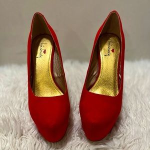 Red Platform Heels Closed Toe Suede Sky High Heel Pumps